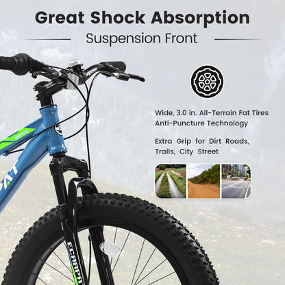 24x3 Inch Fat Tire Urban Commuter City Bike Shimano 7 Speed Front Suspension Dual Disc Brake High-Carbon Steel Frame Green
