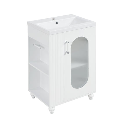 20" Bathroom Vanity with Sink, Small Bathroom Vanity Cabinet with 2-Tier Side Shelf & Toilet Paper Holder, Adjustable Shelf, Ceramic Sink Basin。White