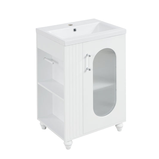 20" Bathroom Vanity with Sink, Small Bathroom Vanity Cabinet with 2-Tier Side Shelf & Toilet Paper Holder, Adjustable Shelf, Ceramic Sink Basin。White