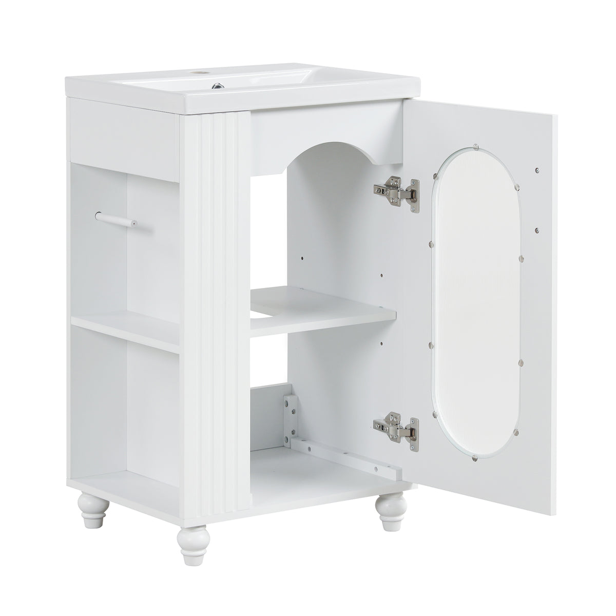 20" Bathroom Vanity with Sink, Small Bathroom Vanity Cabinet with 2-Tier Side Shelf & Toilet Paper Holder, Adjustable Shelf, Ceramic Sink Basin。White