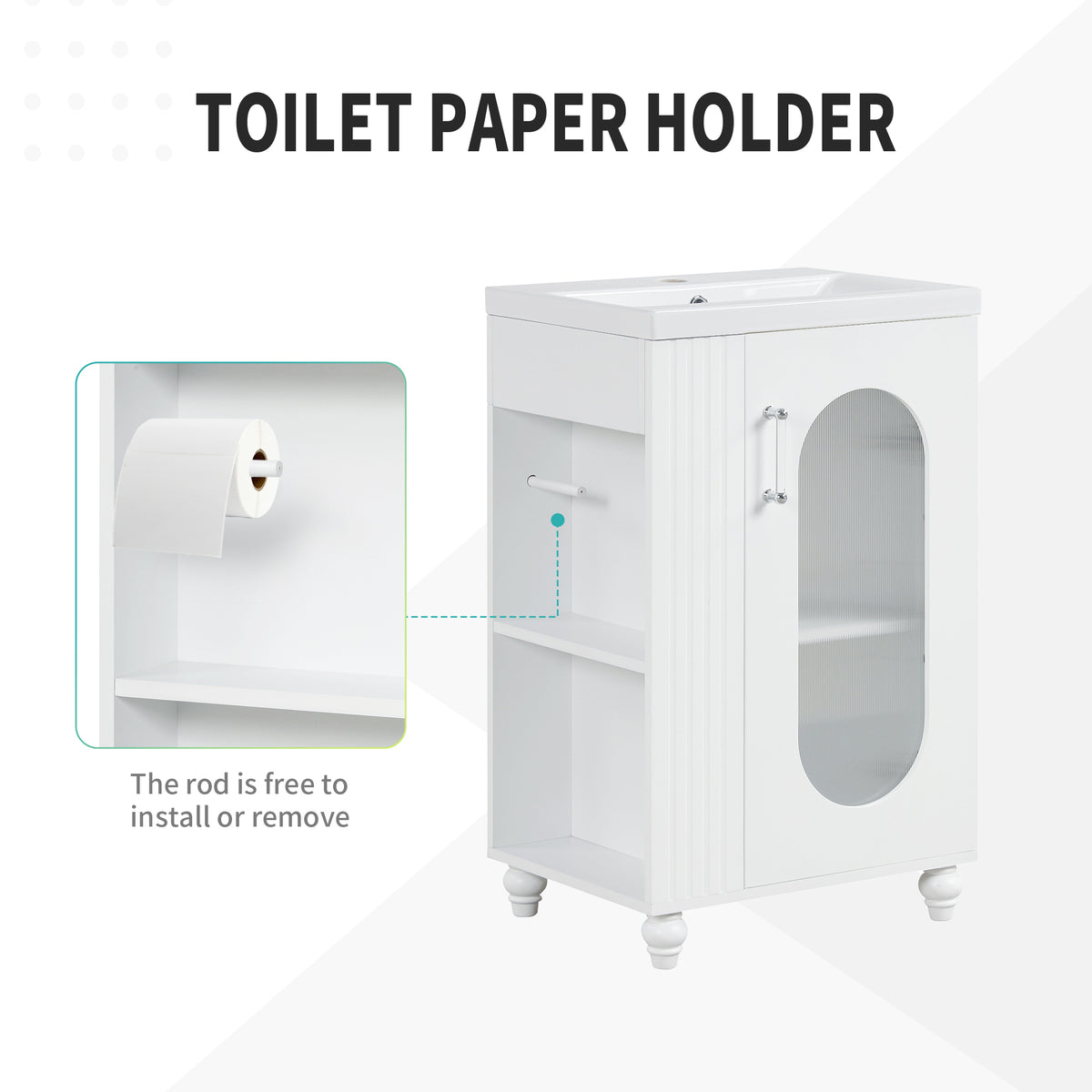 20" Bathroom Vanity with Sink, Small Bathroom Vanity Cabinet with 2-Tier Side Shelf & Toilet Paper Holder, Adjustable Shelf, Ceramic Sink Basin。White