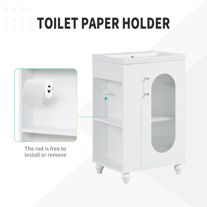 20" Bathroom Vanity with Sink, Small Bathroom Vanity Cabinet with 2-Tier Side Shelf & Toilet Paper Holder, Adjustable Shelf, Ceramic Sink Basin。White