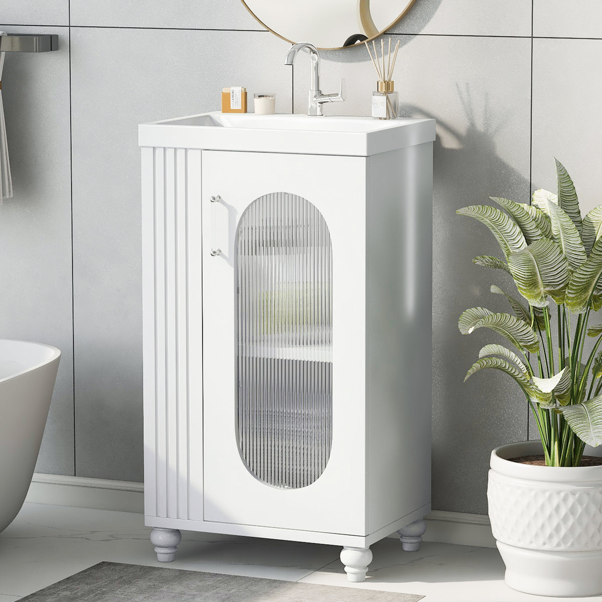 20" Bathroom Vanity with Sink, Small Bathroom Vanity Cabinet with 2-Tier Side Shelf & Toilet Paper Holder, Adjustable Shelf, Ceramic Sink Basin。White