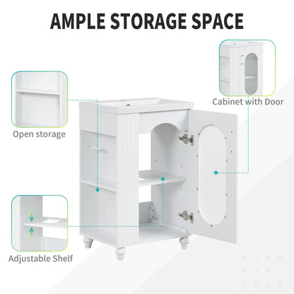 20" Bathroom Vanity with Sink, Small Bathroom Vanity Cabinet with 2-Tier Side Shelf & Toilet Paper Holder, Adjustable Shelf, Ceramic Sink Basin。White