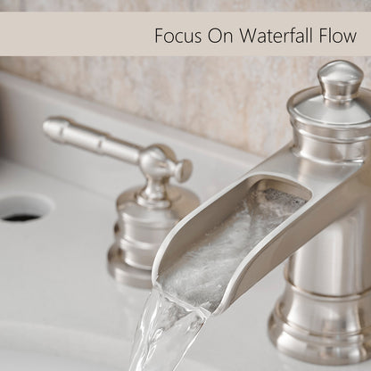 Bathroom Widespread Three Holes Waterfall Sink Faucet Brushed Nickel Two Handles With Pop-up Drain W1932P179930