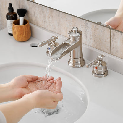 Bathroom Widespread Three Holes Waterfall Sink Faucet Brushed Nickel Two Handles With Pop-up Drain W1932P179930