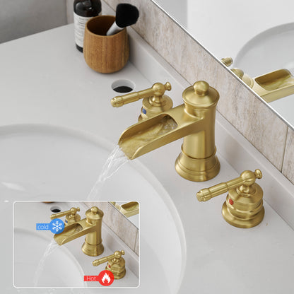 Bathroom Widespread Three Holes Waterfall Sink Faucet Gold Two Handles With Pop-up Drain W1932P180027