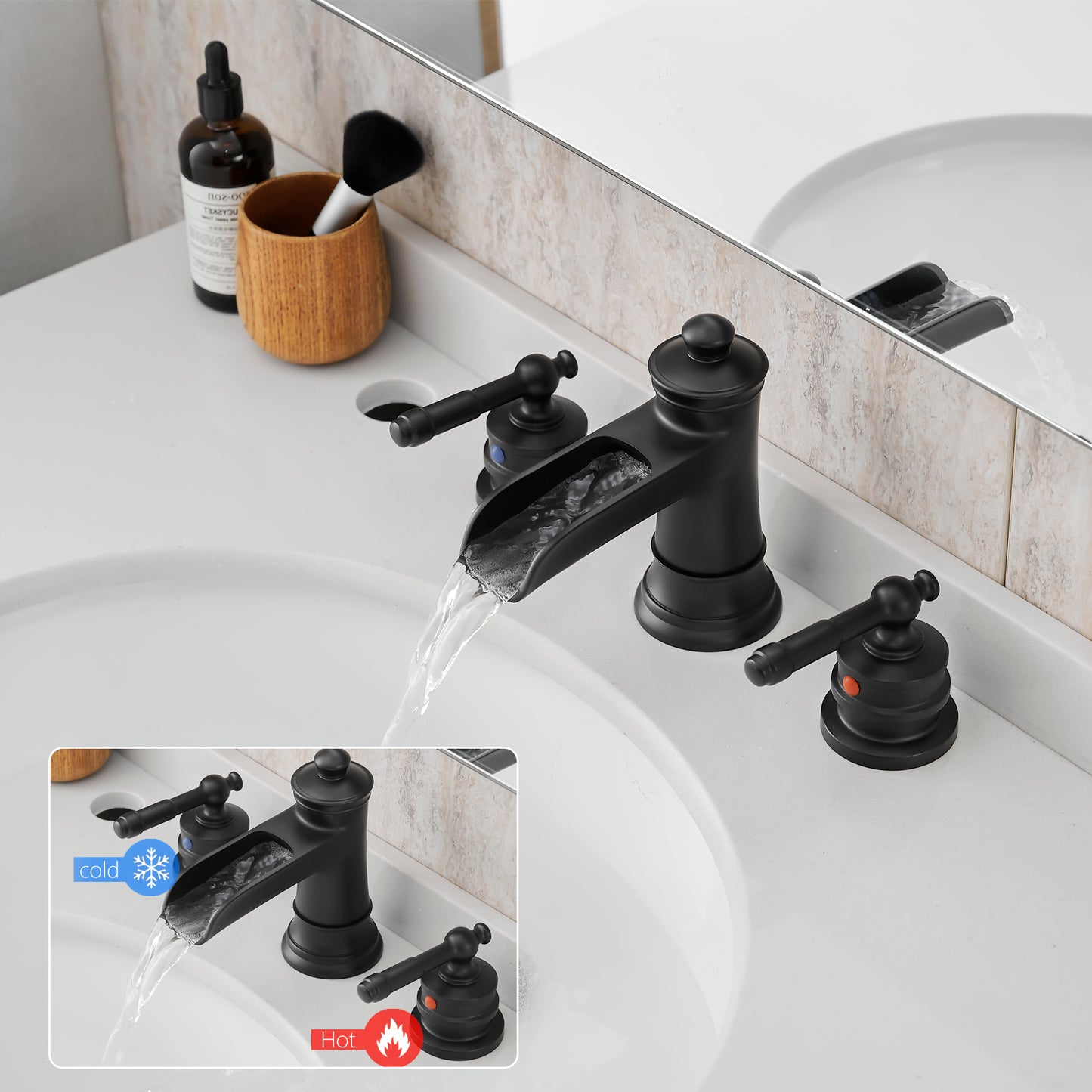 8-Inch Widespread Bathroom Sink Faucet, Matte Black Waterfall Faucet, 2-Handle 3-Hole Vanity Faucet with Pop-Up Drain Included