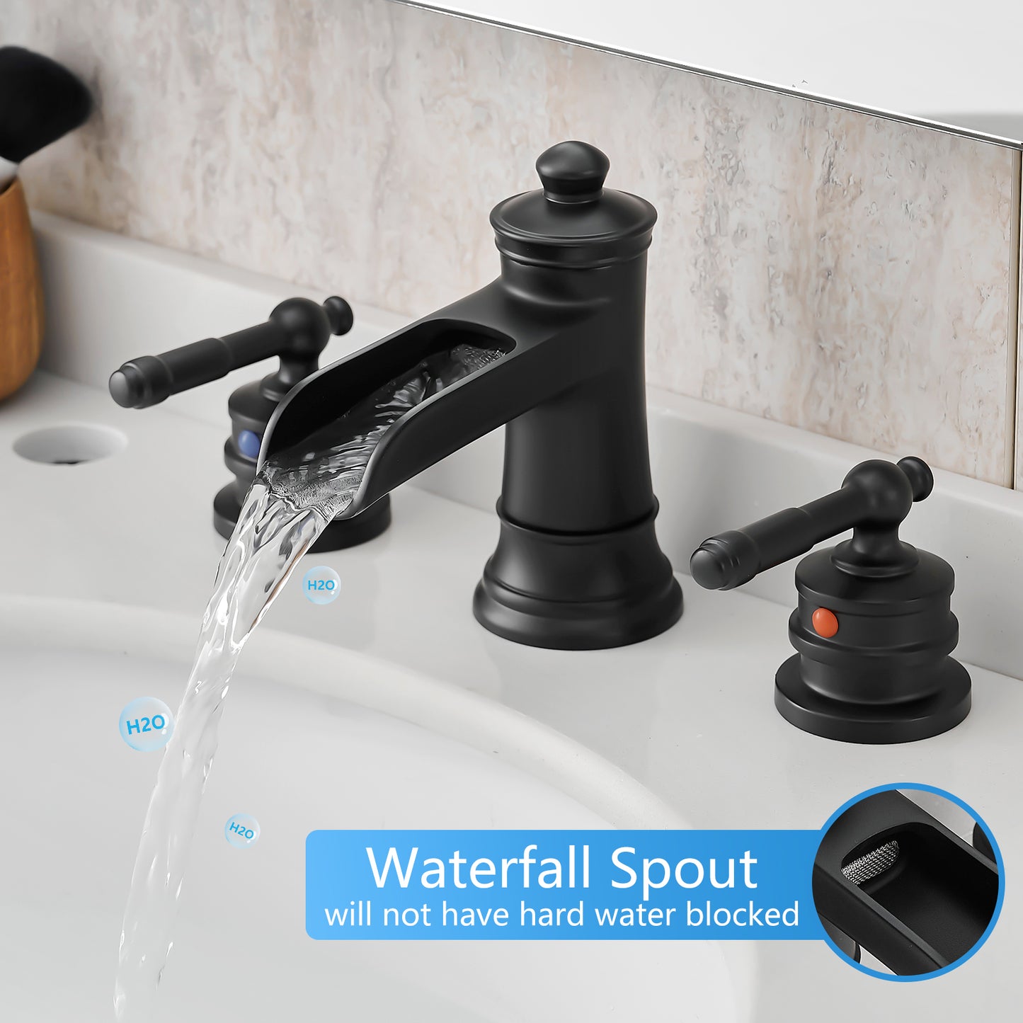 8-Inch Widespread Bathroom Sink Faucet, Matte Black Waterfall Faucet, 2-Handle 3-Hole Vanity Faucet with Pop-Up Drain Included
