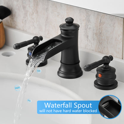 8-Inch Widespread Bathroom Sink Faucet, Matte Black Waterfall Faucet, 2-Handle 3-Hole Vanity Faucet with Pop-Up Drain Included