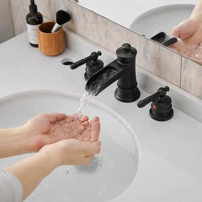 8-Inch Widespread Bathroom Sink Faucet, Matte Black Waterfall Faucet, 2-Handle 3-Hole Vanity Faucet with Pop-Up Drain Included