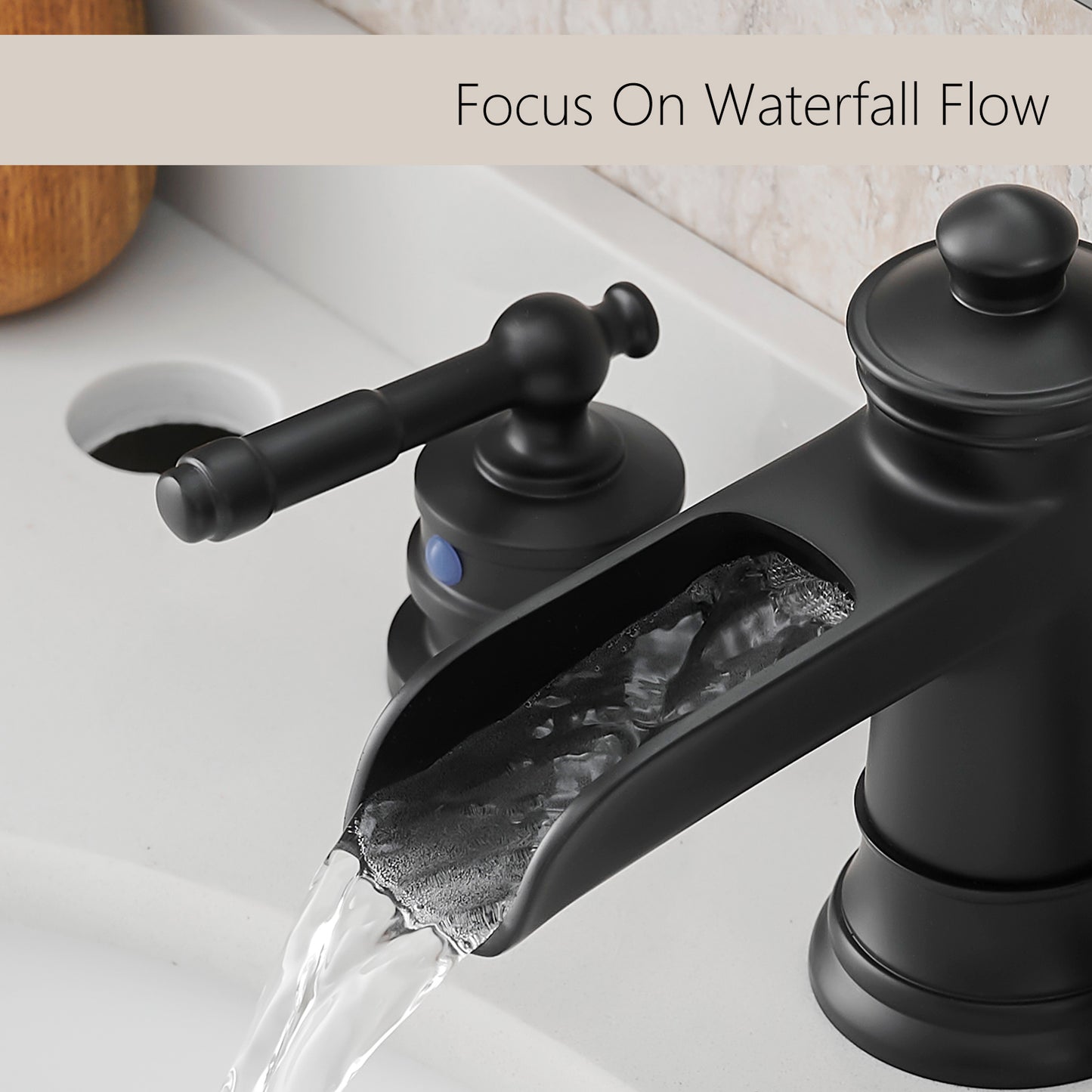 8-Inch Widespread Bathroom Sink Faucet, Matte Black Waterfall Faucet, 2-Handle 3-Hole Vanity Faucet with Pop-Up Drain Included
