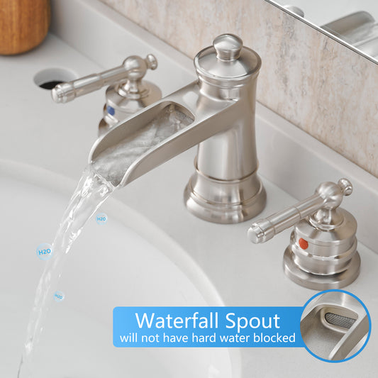 8-Inch Widespread Bathroom Sink Faucet, Brushed Nickel Waterfall Faucet, 2-Handle 3-Hole Vanity Faucet with Pop-Up Drain Included