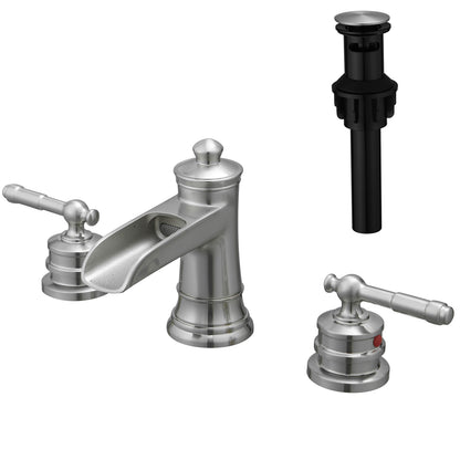 Bathroom Widespread Three Holes Waterfall Sink Faucet Brushed Nickel Two Handles With Pop-up Drain W1932P179930
