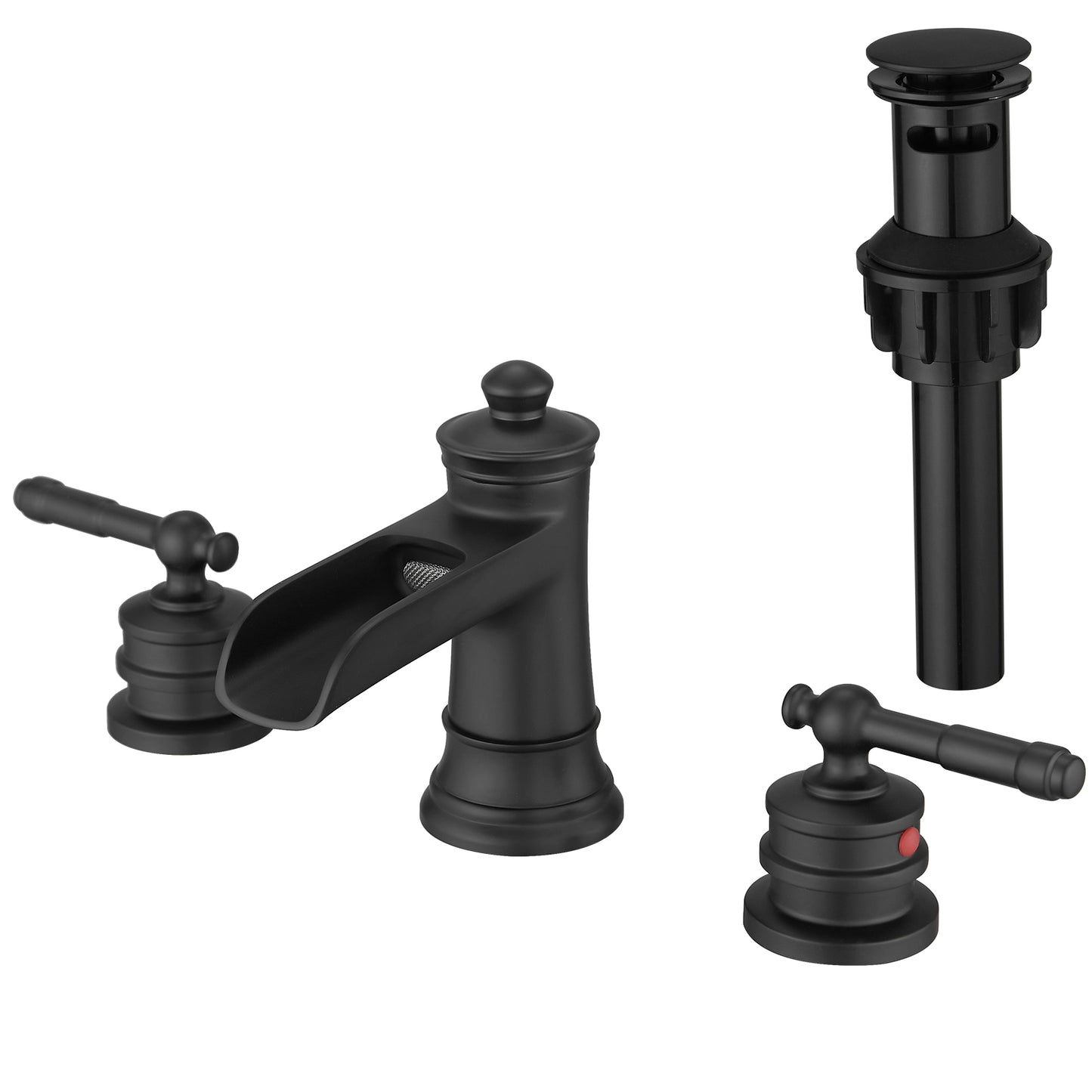 8-Inch Widespread Bathroom Sink Faucet, Matte Black Waterfall Faucet, 2-Handle 3-Hole Vanity Faucet with Pop-Up Drain Included