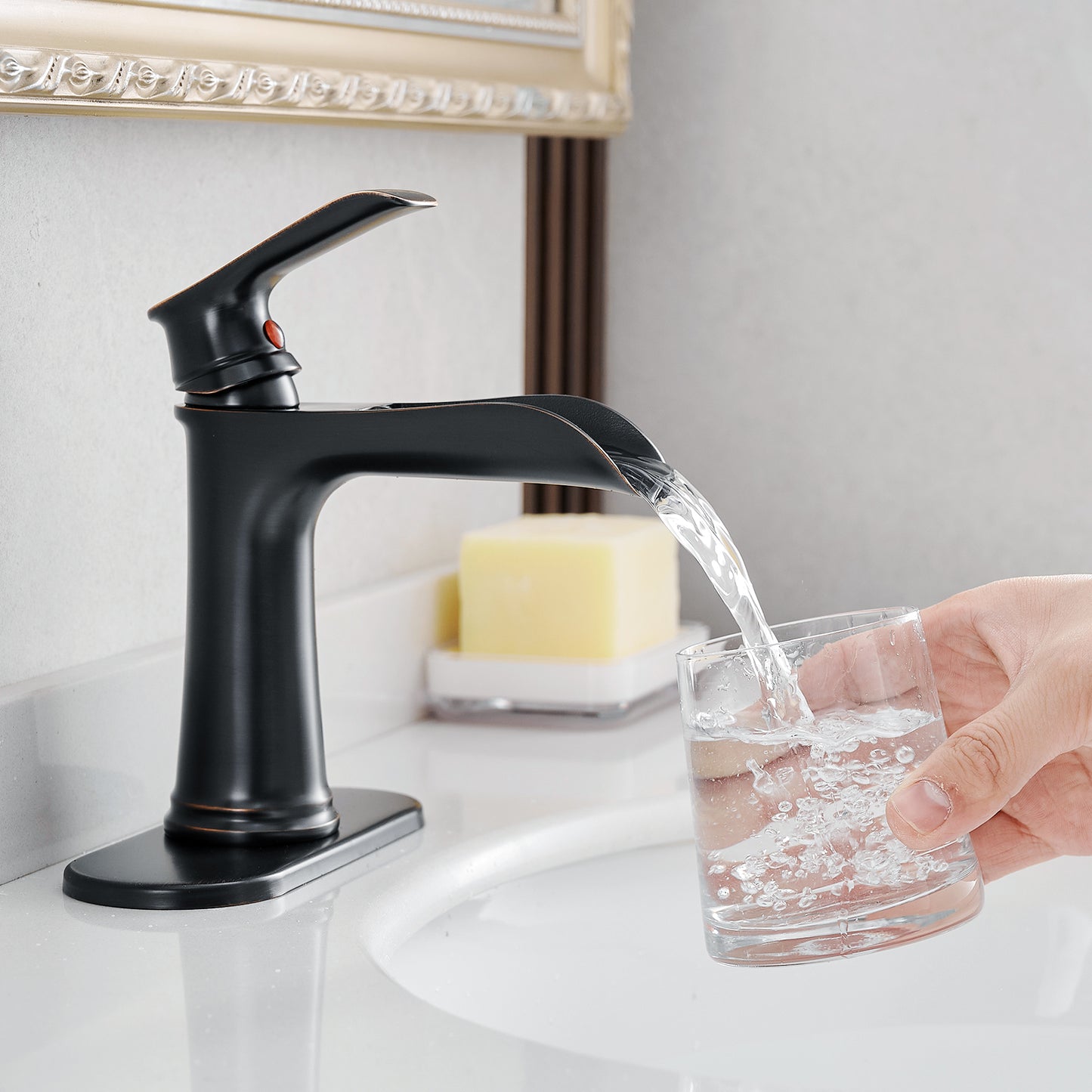 Bathroom Single Hole or Three Hole Waterfall Sink Faucet Oil-Rubbed Bronze Single Handle With Deck Plate W1932P180747