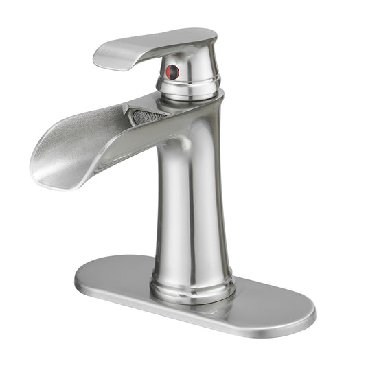 Bathroom Single Hole or Three Hole Waterfall Sink Faucet Brushed Nickel Single Handle With Deck Plate W1932P180746