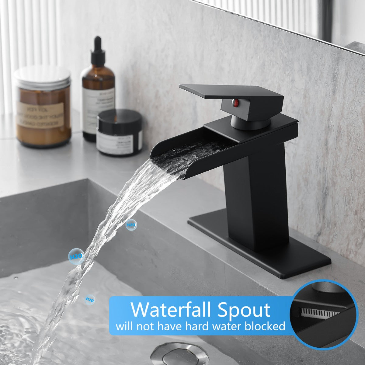 Bathroom Single Hole Sink Waterfall Faucet Matte Black Single Handle With Deck Plate W1932P181174