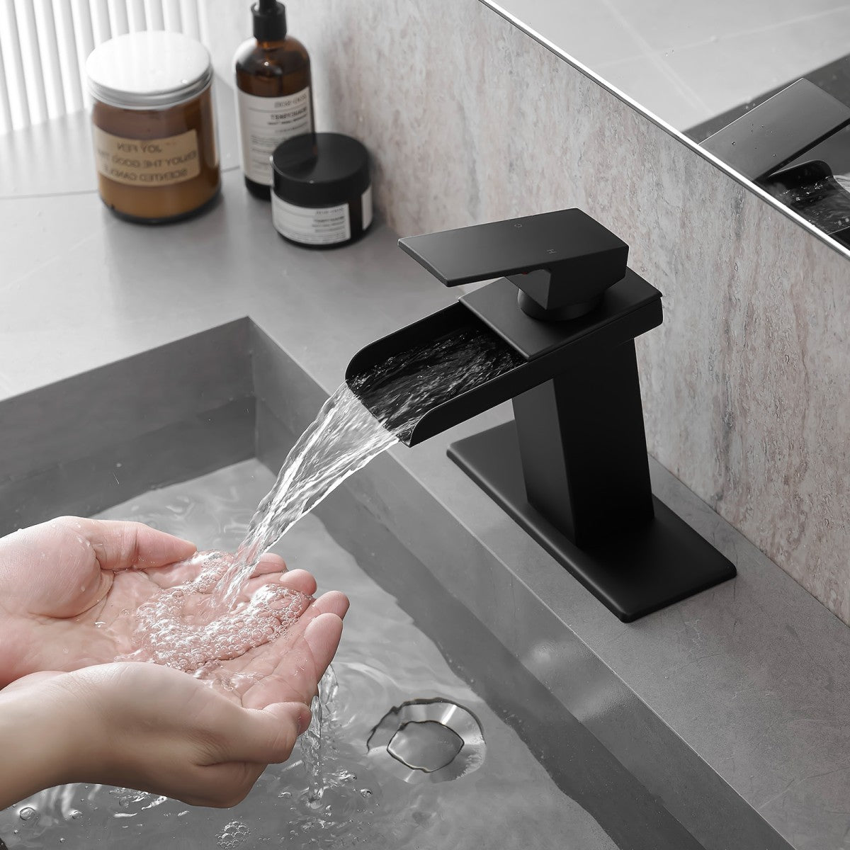 Bathroom Single Hole Sink Waterfall Faucet Matte Black Single Handle With Deck Plate W1932P181174