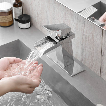 Bathroom Single Hole Sink Waterfall Faucet Chrome Single Handle With Deck Plate W1932P181205