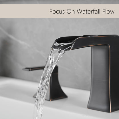Bathroom Widespread Three Hole Waterfall Sink Faucet Oil-Rubbed Bronze Two Handles With Pop-up Drain Square W1932P181982