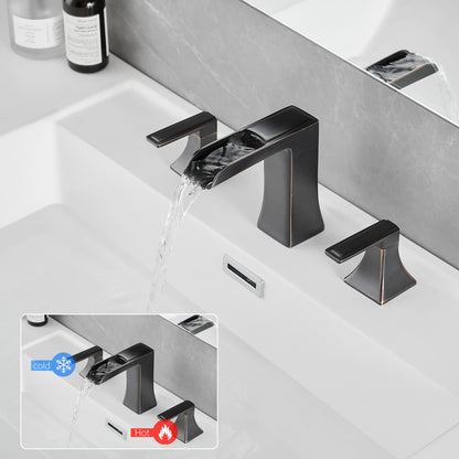 Bathroom Widespread Three Hole Waterfall Sink Faucet Oil-Rubbed Bronze Two Handles With Pop-up Drain Square W1932P181982