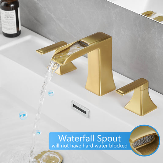 8 Inch Widespread Waterfall Bathroom Faucet Brushed Gold, Modern 3 Hole Two Handle Vanity Sink Faucet with Pop-Up Drain, Solid Brass Bathroom Faucet for Bathroom Lavatory