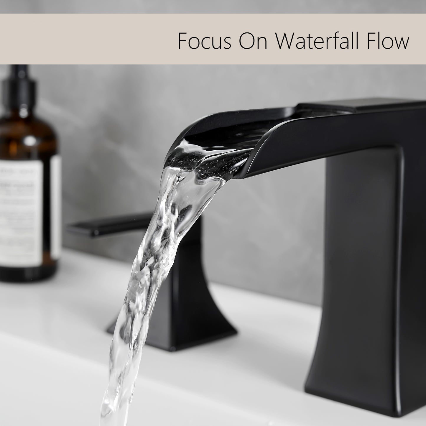 Bathroom Widespread Three Hole Waterfall Sink Faucet Matte Black Two Handles With Pop-up Drain Square W1932P181996