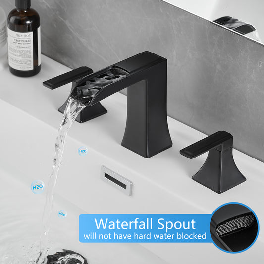 8 Inch Widespread Waterfall Bathroom Faucet Matte Black, Modern 3 Hole Two Handle Vanity Sink Faucet with Pop-Up Drain, Solid Brass Bathroom Faucet for Bathroom Lavatory