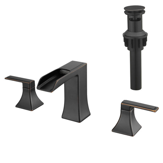 Bathroom Widespread Three Hole Waterfall Sink Faucet Oil-Rubbed Bronze Two Handles With Pop-up Drain Square W1932P181982