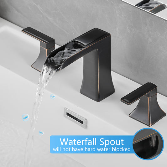 8 Inch Widespread Waterfall Bathroom Faucet Oil-Rubbed Bronze, Modern 3 Hole Two Handle Vanity Sink Faucet with Pop-Up Drain, Solid Brass Bathroom Faucet for Bathroom Lavatory