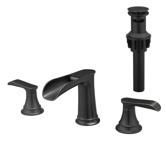 Bathroom Widespread Three Hole Waterfall Sink Faucet Oil-Rubbed Bronze Two Handles With Pop-up Drain Round W1932P182994