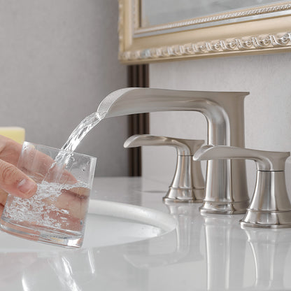 Bathroom Widespread Three Hole Waterfall Sink Faucet Brushed Nickel Two Handles With Pop-up Drain Round W1932P182000