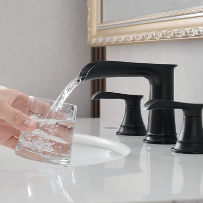 Bathroom Widespread Three Hole Waterfall Sink Faucet Matte Black Two Handles With Pop-up Drain Round W1932P182993