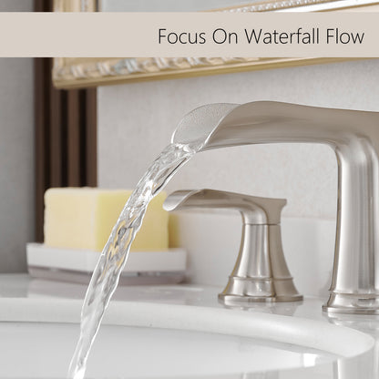 Bathroom Widespread Three Hole Waterfall Sink Faucet Brushed Nickel Two Handles With Pop-up Drain Round W1932P182000