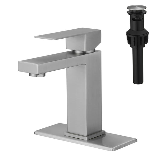 Bathroom Single Hole or Three Hole Sink Faucet Brushed Nickel Single Handle With Deck Plate and Pop-up Drain W1932P182997