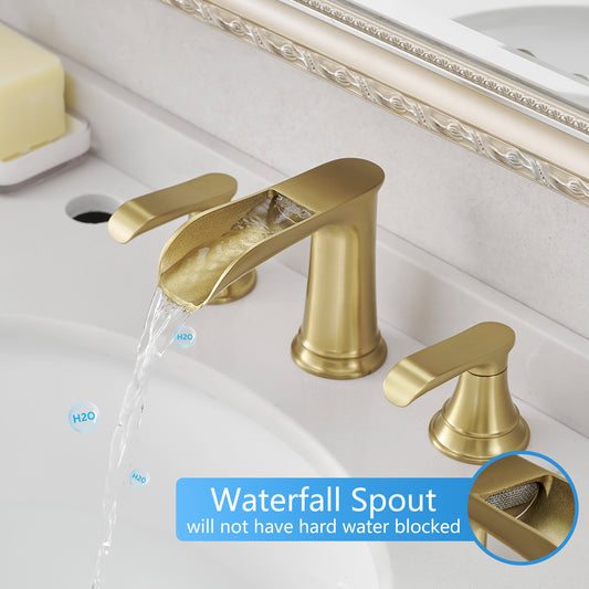 8 Inch Widespread Bathroom Faucet, Brushed Gold Waterfall Bathroom Sink Faucet, 3 Hole 2 Handle Round Vanity Faucet with Pop-Up Drain