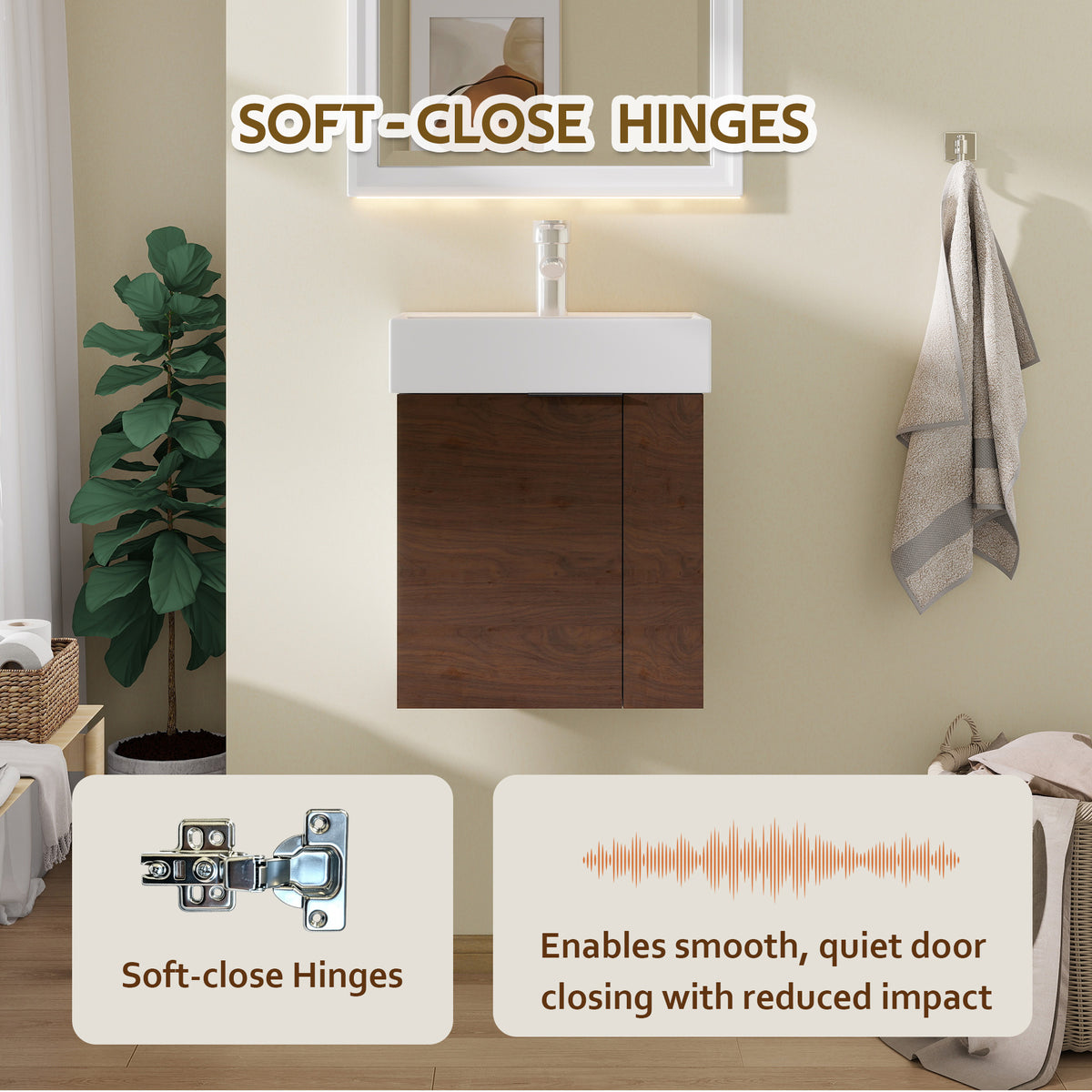 21.6" Floating Bathroom Vanity with Sink, Modern Wall Mounted Bathroom Vanity with Glossy White Ceramic Sink & Countertop, Soft Close Door, Plywood Storage Cabinet,Brown