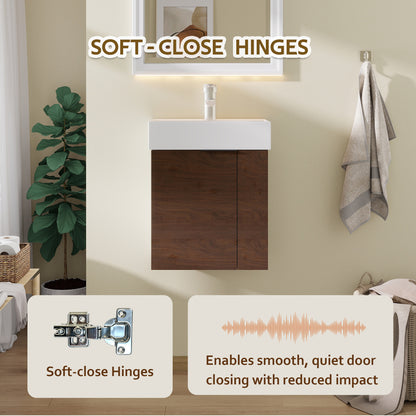 21.6" Floating Bathroom Vanity with Sink, Modern Wall Mounted Bathroom Vanity with Glossy White Ceramic Sink & Countertop, Soft Close Door, Plywood Storage Cabinet,Brown
