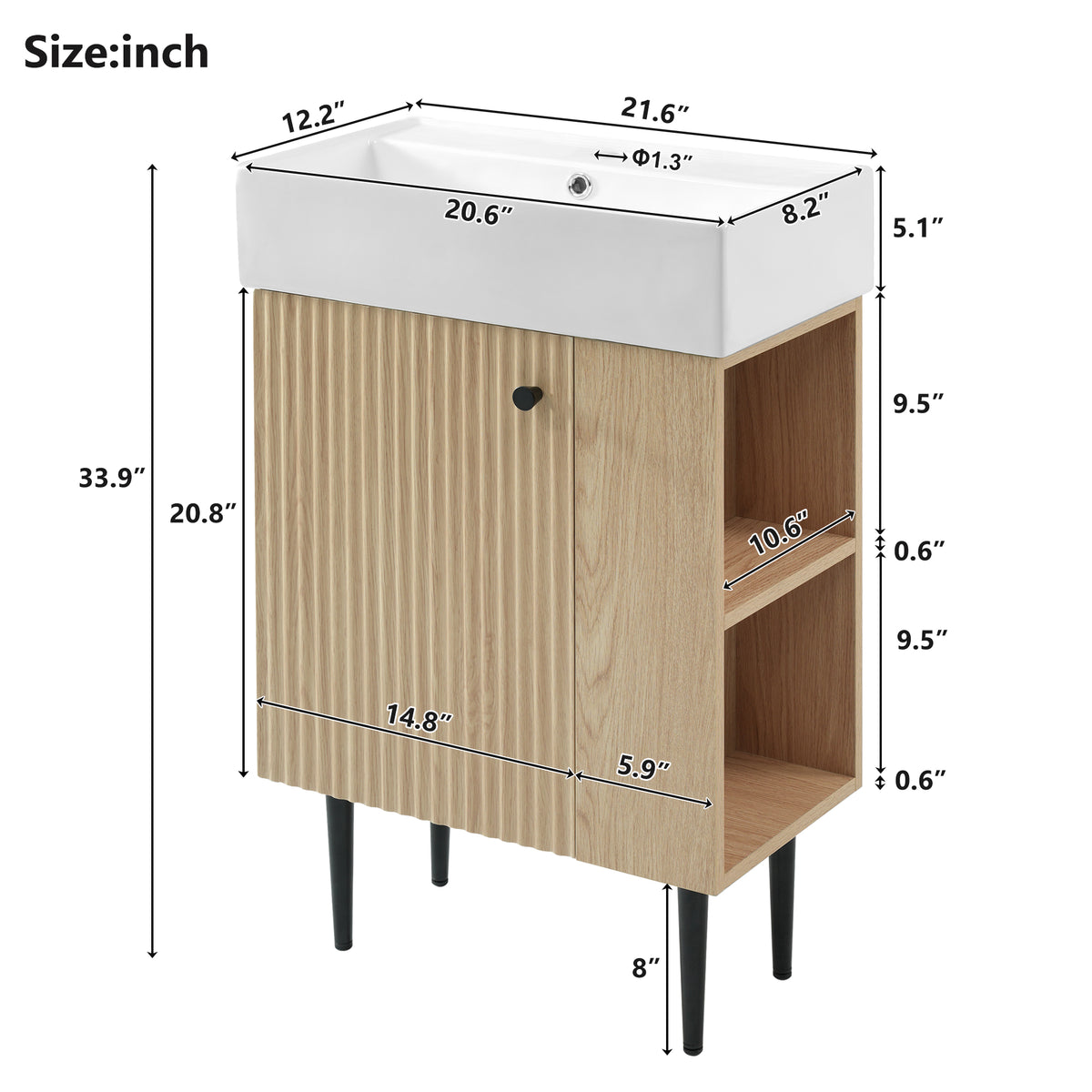 21.6" Bathroom Vanity with Sink, Slim Freestanding Bathroom Vanity Cabinet with Ceramic Sink & Overflow, Gold Metal Legs, Soft Close Door, for Small Bathroom,,Wood