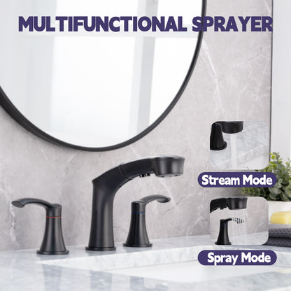 Bathroom Widespread Three Hole Pull-out Sink Faucet Matte Black Two Handles With Pop-up Drain W1224P185045