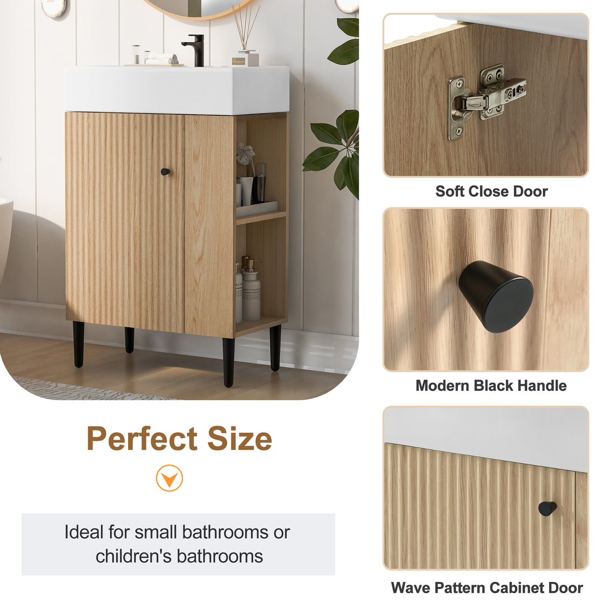 21.6" Bathroom Vanity with Sink, Slim Freestanding Bathroom Vanity Cabinet with Ceramic Sink & Overflow, Gold Metal Legs, Soft Close Door, for Small Bathroom,,Wood