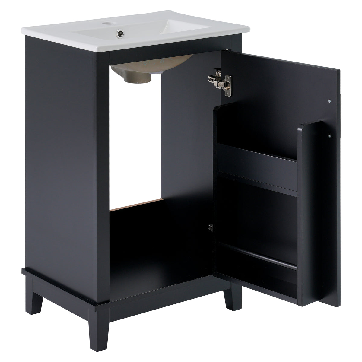 20" Bathroom Vanity with Sink, Minimalist Bathroom Vanity Cabinet with Double Door Shelves & Overflow Ceramic Sink, Soft Close Door, Solid Wood Legs,Black