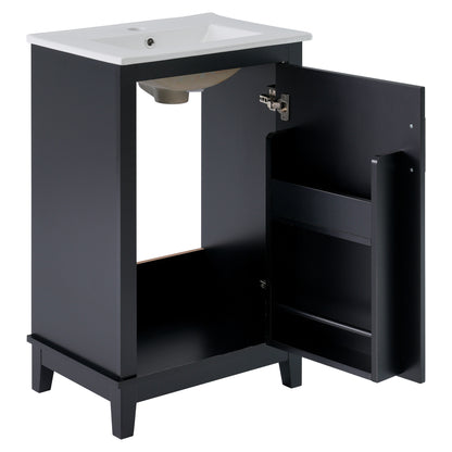 20" Bathroom Vanity with Sink, Minimalist Bathroom Vanity Cabinet with Double Door Shelves & Overflow Ceramic Sink, Soft Close Door, Solid Wood Legs,Black
