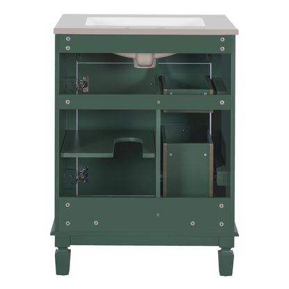 24" Bathroom Vanity with Sink, French Style Bathroom Vanity with 2 Deep Drawers & Adjustable Shelf, Ceramic Sink for 4-Inch Faucet, Soft Close Door,Green
