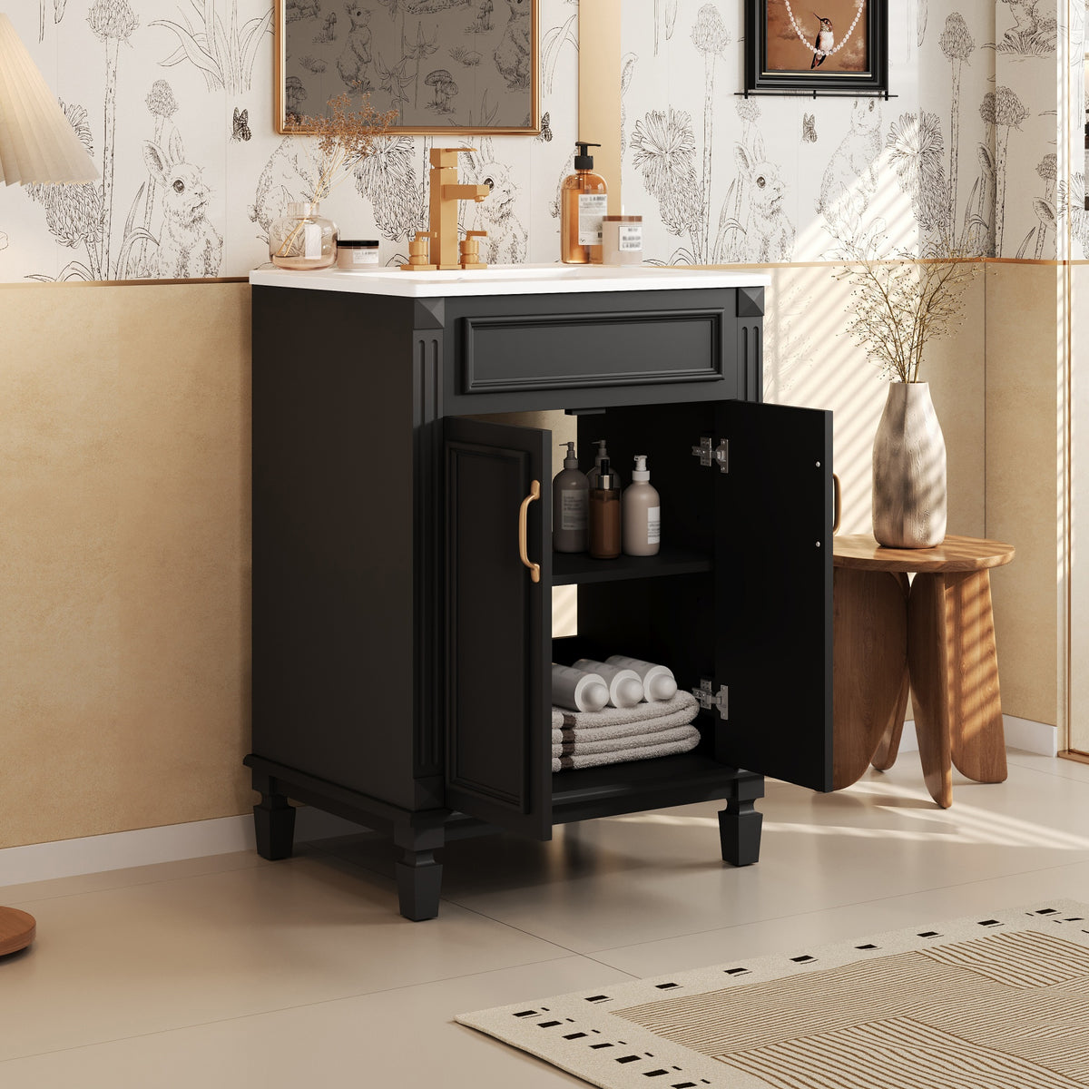 24" Bathroom Vanity with Sink, French Style Bathroom Vanity with Carved Legs & Drawer, Adjustable Shelf, Back Cutout for Plumbing, Soft Close Door,Black