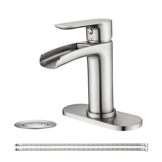 Bathroom Single Hole or Three Hole Waterfall Sink Faucet Brushed Nickel Single Handle with Deck Plate and Pop-up Drain W1224P225010