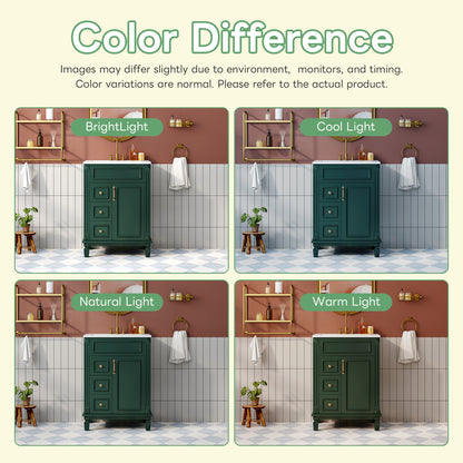 24" Bathroom Vanity with Sink, French Style Bathroom Vanity with 2 Deep Drawers & Adjustable Shelf, Ceramic Sink for 4-Inch Faucet, Soft Close Door,Green
