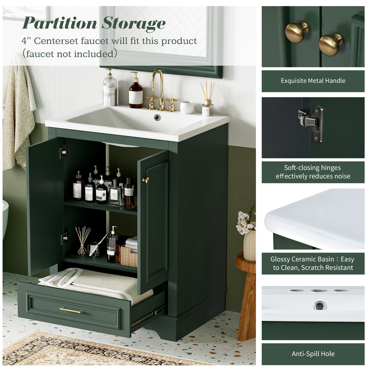 24" Bathroom Vanity with Sink, Modern Bathroom Vanity with White Ceramic Sink & Drawer, 3-Level Adjustable Shelf, Solid Wood Frame, for Small Bathroom,Green