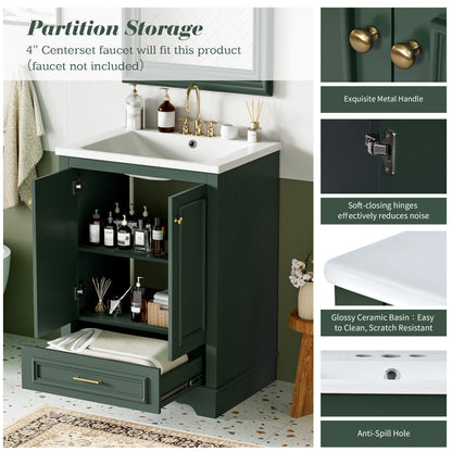 24" Bathroom Vanity with Sink, Modern Bathroom Vanity with White Ceramic Sink & Drawer, 3-Level Adjustable Shelf, Solid Wood Frame, for Small Bathroom,Green
